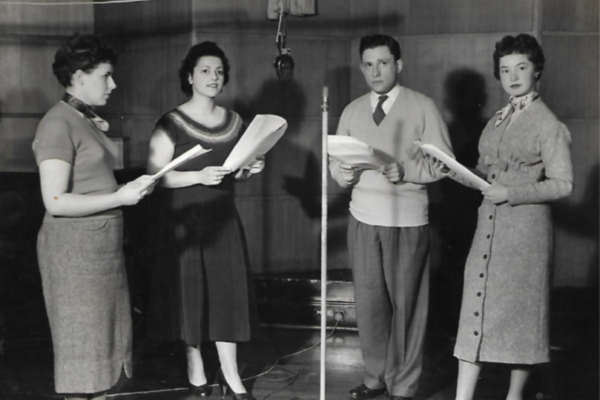 The BA Choir singing for the BBC in 1954. Asher Cailingold is with Anita Kleiman, Hannah Witler (nee Cowan) & Pessie Marcovitch broadcasting for the programme.